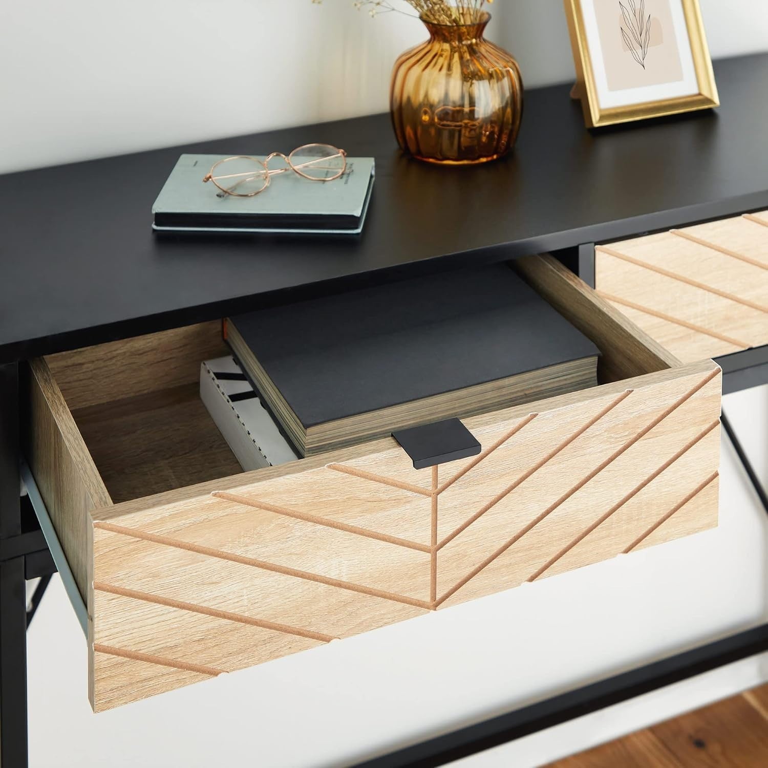 Modern Console Table w/ Drawers – Chevron Black Wood Hallway Storage