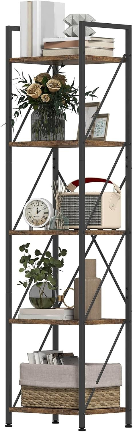 5-Tier Industrial Bookshelf | Metal Frame Rustic Wood Shelves Tall Display Unit