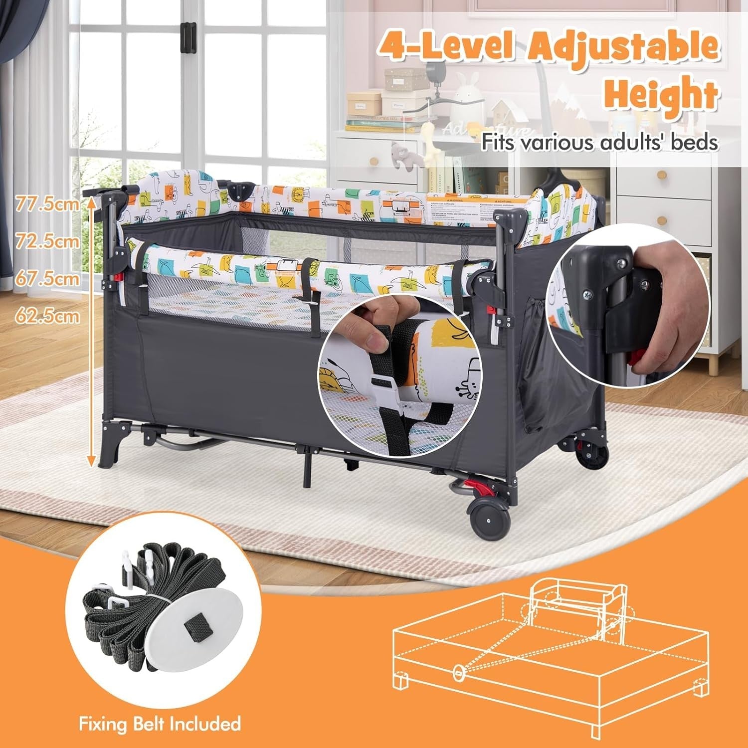 5in1 Baby Travel Cot Foldable Crib with Mattress Basket Changer & Storage Grey