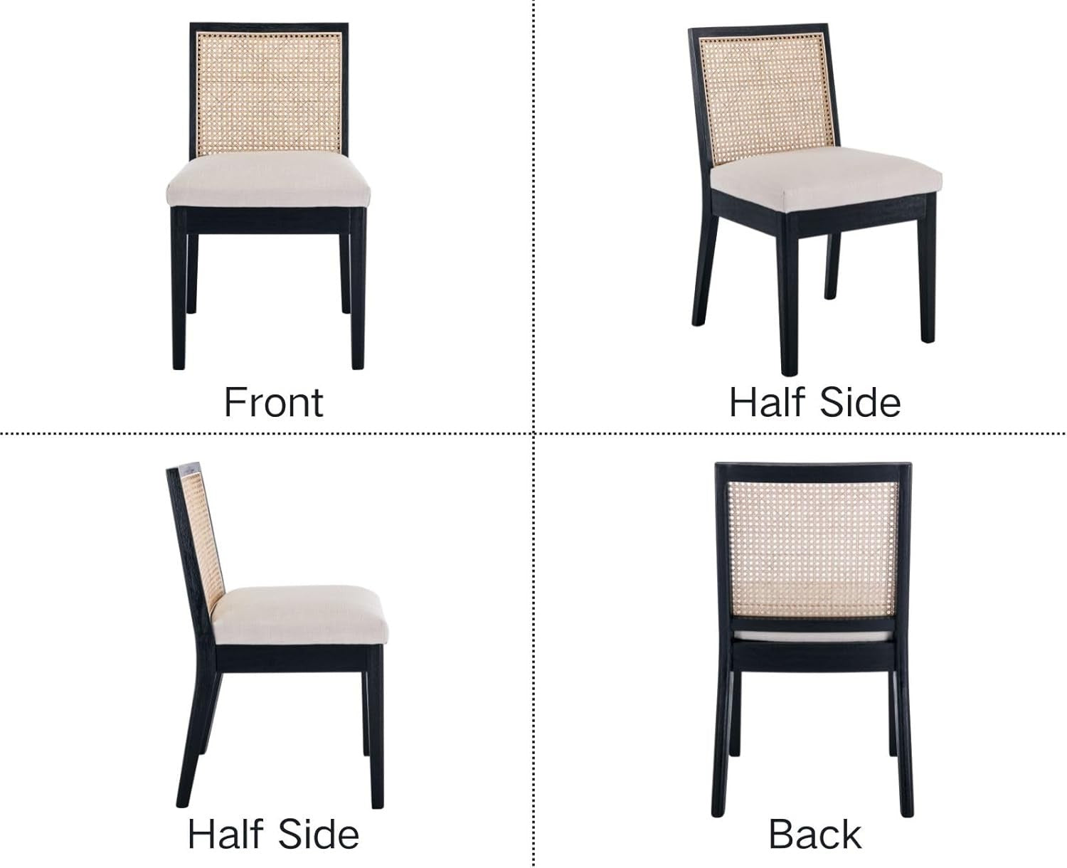Set of 4 Black Rattan Dining Chairs Linen Seats Wooden Frame Modern