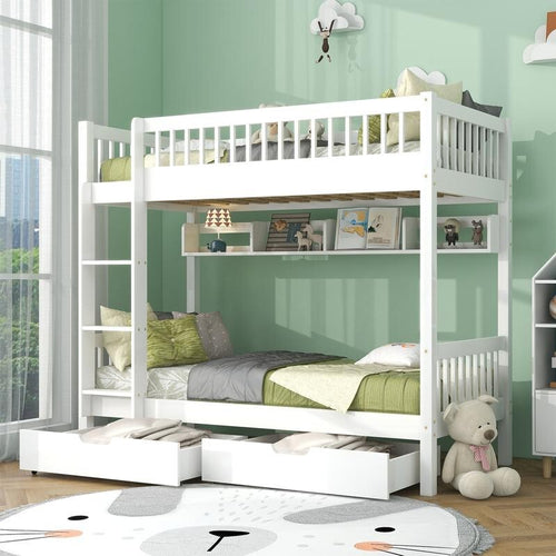 3FT Pine Bunk Bed Kids White with Storage Drawers Shelves Ladder Split Frame