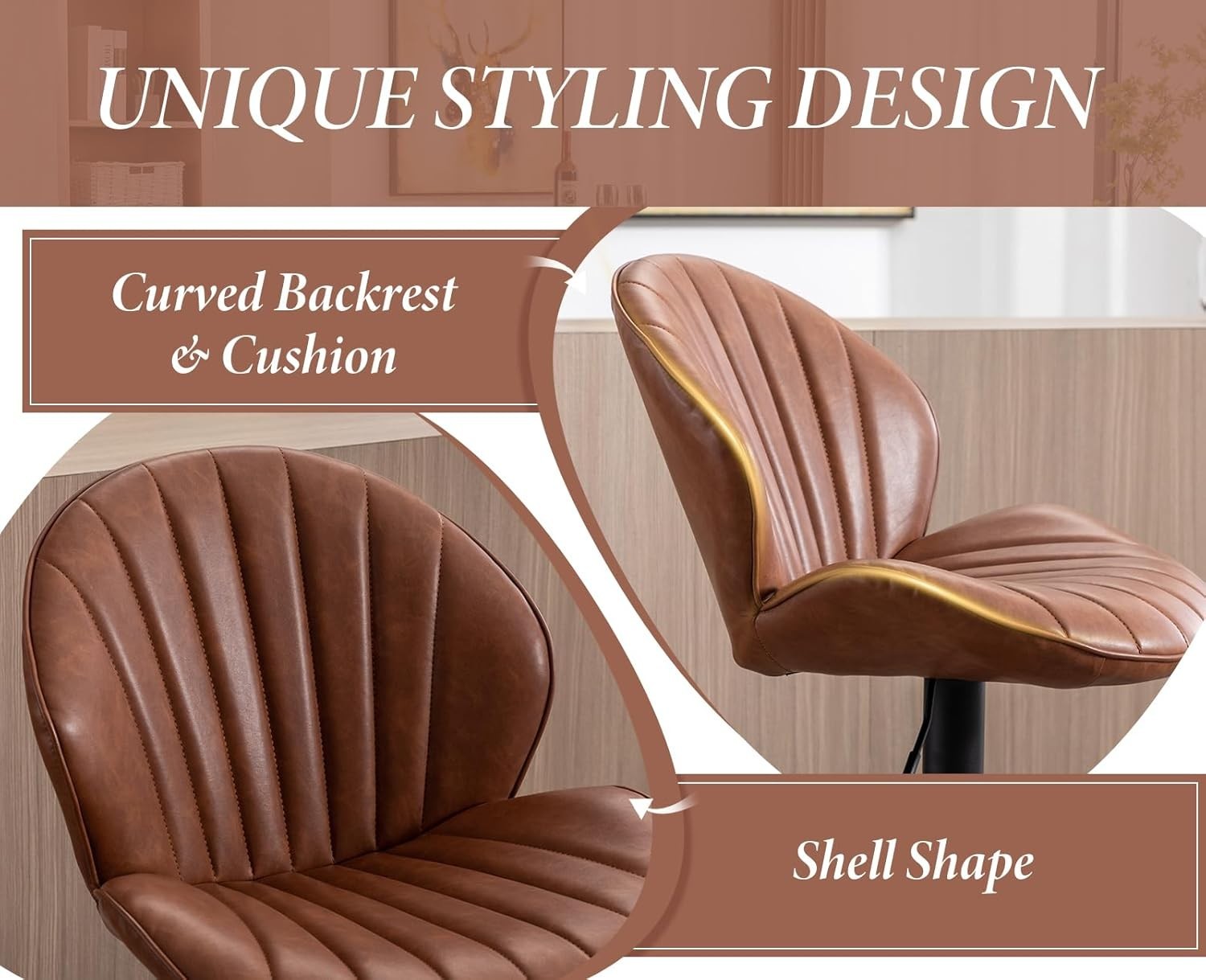 Brown PU Leather Swivel Bar Stools Set of 2 Adjustable Kitchen Counter Chairs