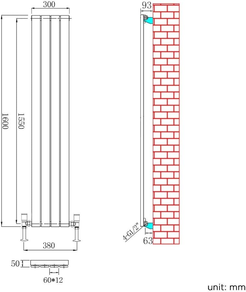 Vertical Column Radiator Anthracite 1600x300mm Single Flat Panel