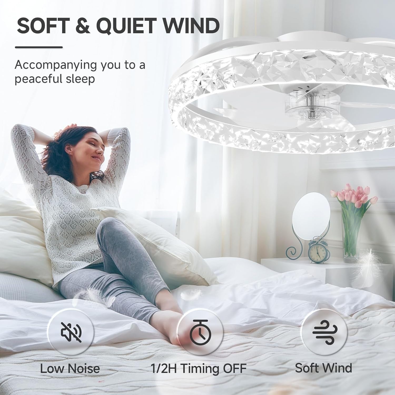 50CM Ceiling Fan Light, 6 Speeds, Dimmable LED, Remote Control, Black
