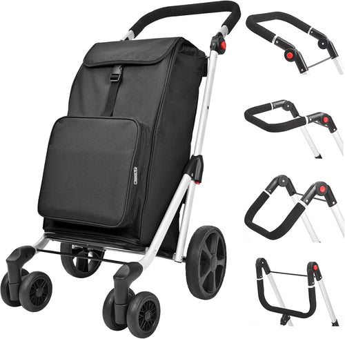 6-Wheel Folding Shopping Cart Trolley 45L Aluminium Insulated Bag Black