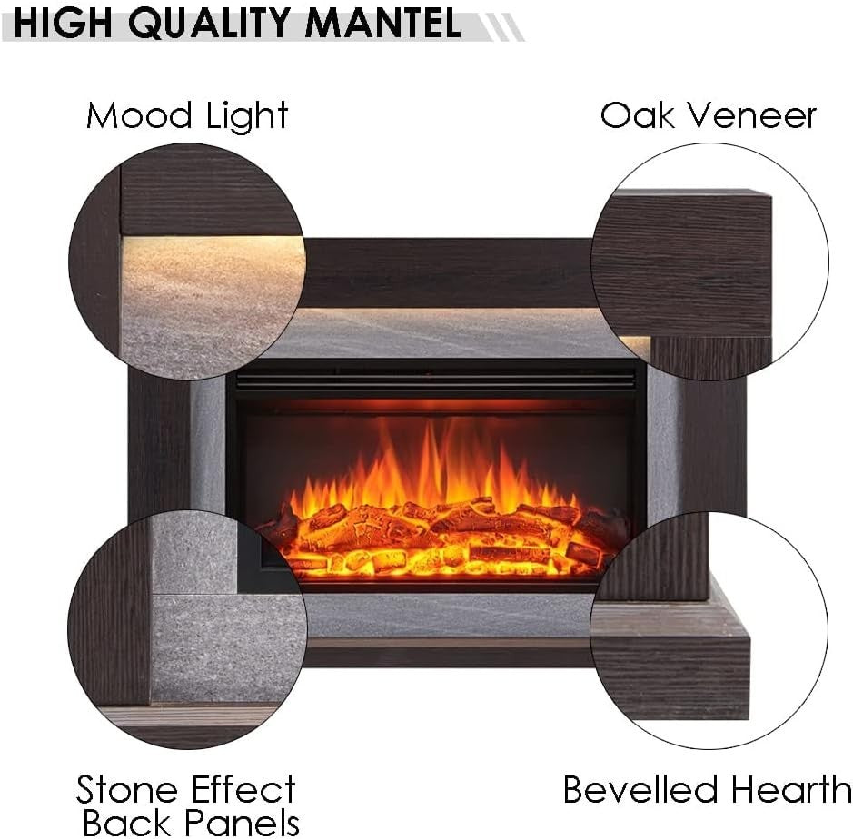 47" Electric Fireplace Heater Oak Surround LED Flame Remote 2kW Modern