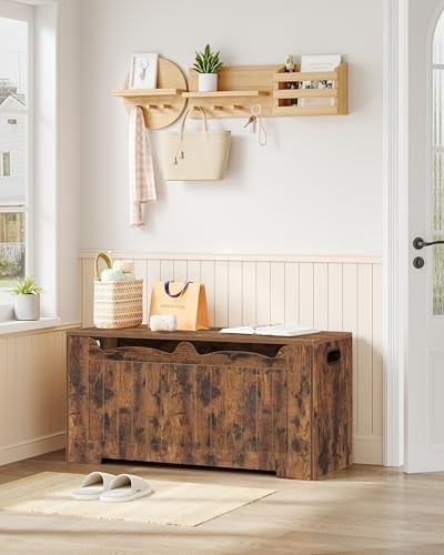 Rustic Brown Lift-Top Storage Bench with Shoe Organizer & Wooden Trunk