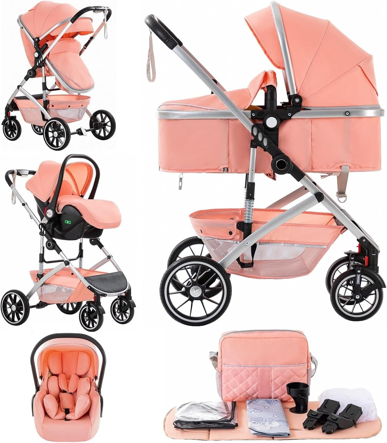 3 in 1 Travel System Pram Pushchair Car Seat Newborn to 4 Years Pink