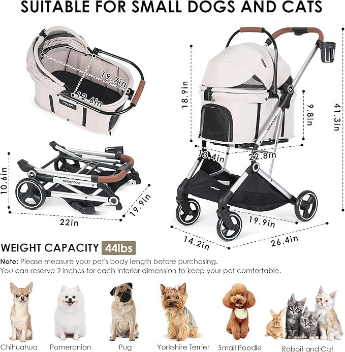 3-in-1 Pet Stroller Detachable Carrier Foldable Pushchair for Small Dogs Cats