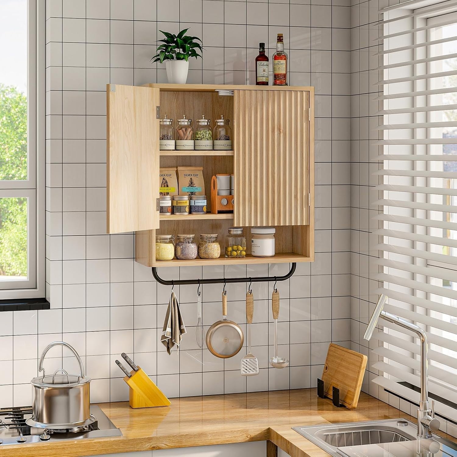 Deep Wall Mounted Kitchen & Bathroom Cabinet with Adjustable Shelves & Hooks
