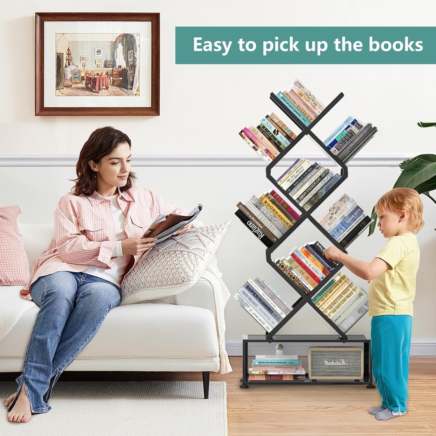 9 Tier Folding Tree Bookcase Metal Corner Bookshelf Free Standing Black