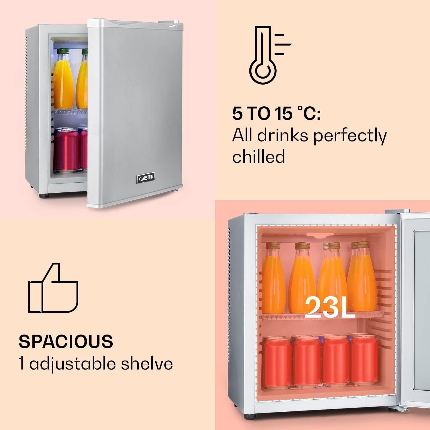 23L Mini Fridge Silver Portable Cooler and Drinks Fridge Adjustable Shelves
