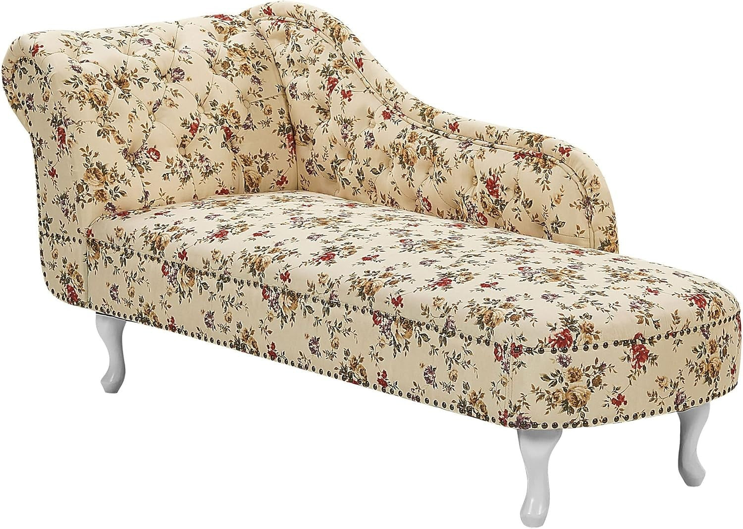Beige Floral Chaise Lounge Sofa | Left Hand, Tufted Back, 169cm, Vintage Style