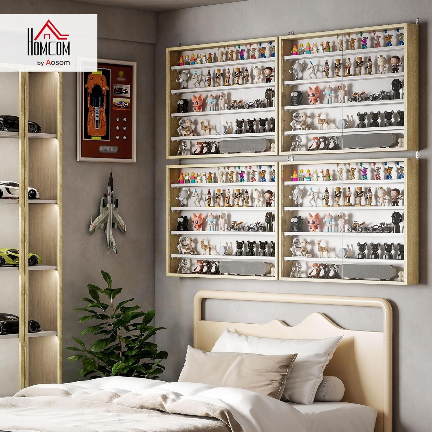 5-Tier Natural Wood Display Cabinet | Wall-Mounted Glass Sliding Door Shelf 60×8