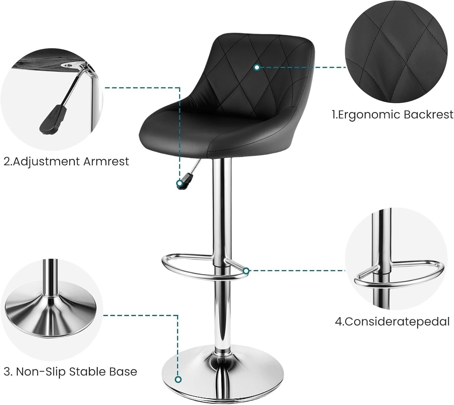 3 Black Bar Stools Faux Leather Swivel Height Adjustable Kitchen Chairs