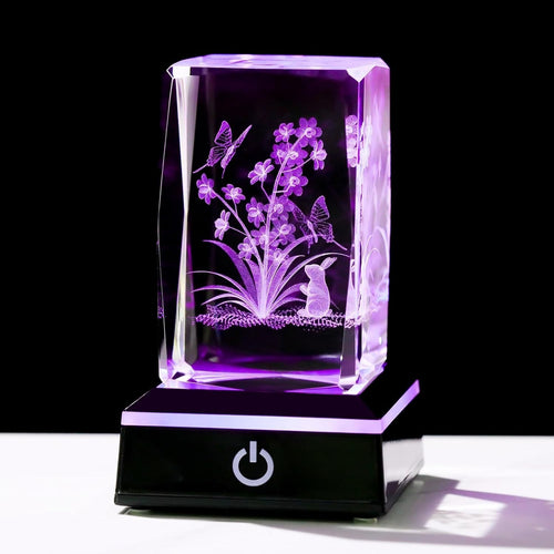 3D Crystal Flowers Rabbit LED Light Cube Gift Ornament for Women Girls Birthday