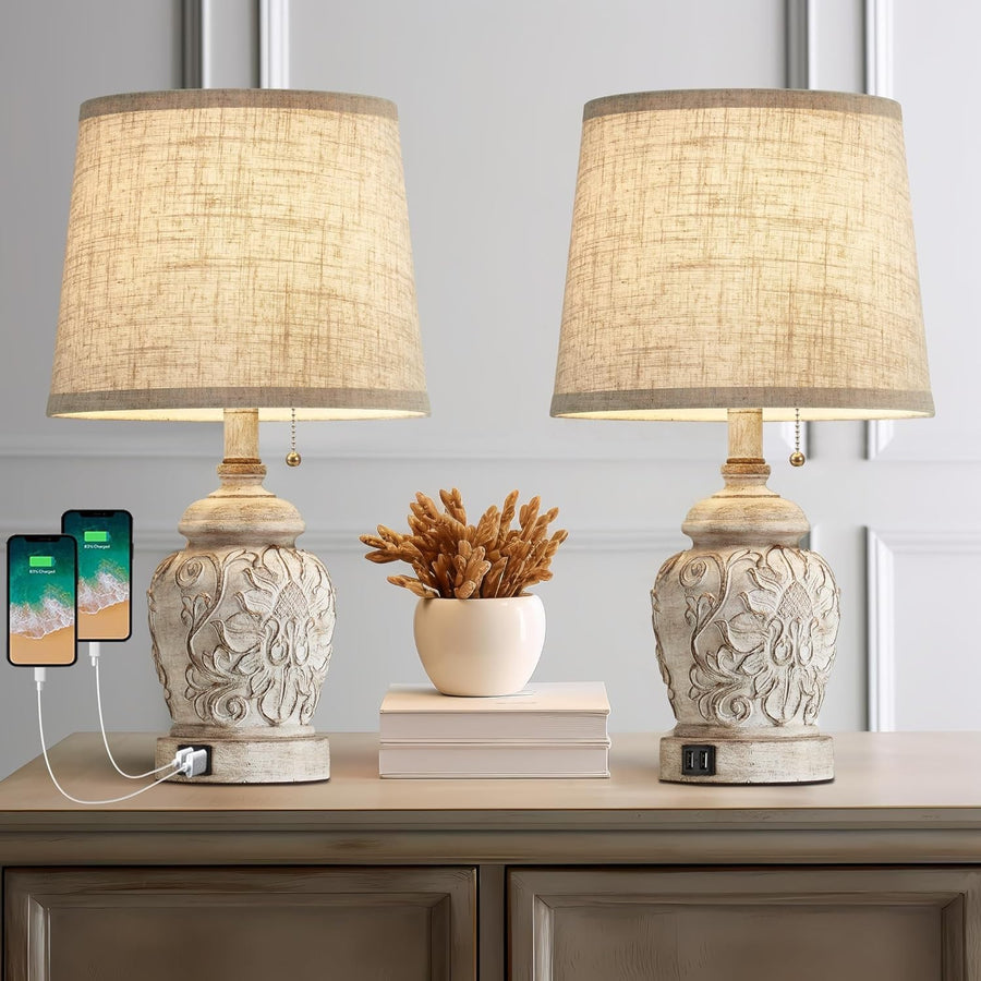 Rustic Farmhouse Table Lamp with USB Charging Ports | Vintage Bedroom Decor