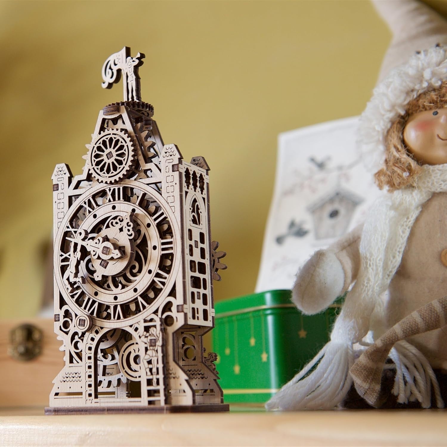 3D Wooden Puzzle Clock Tower Kit – Mechanical Moving Parts, DIY Build Gift