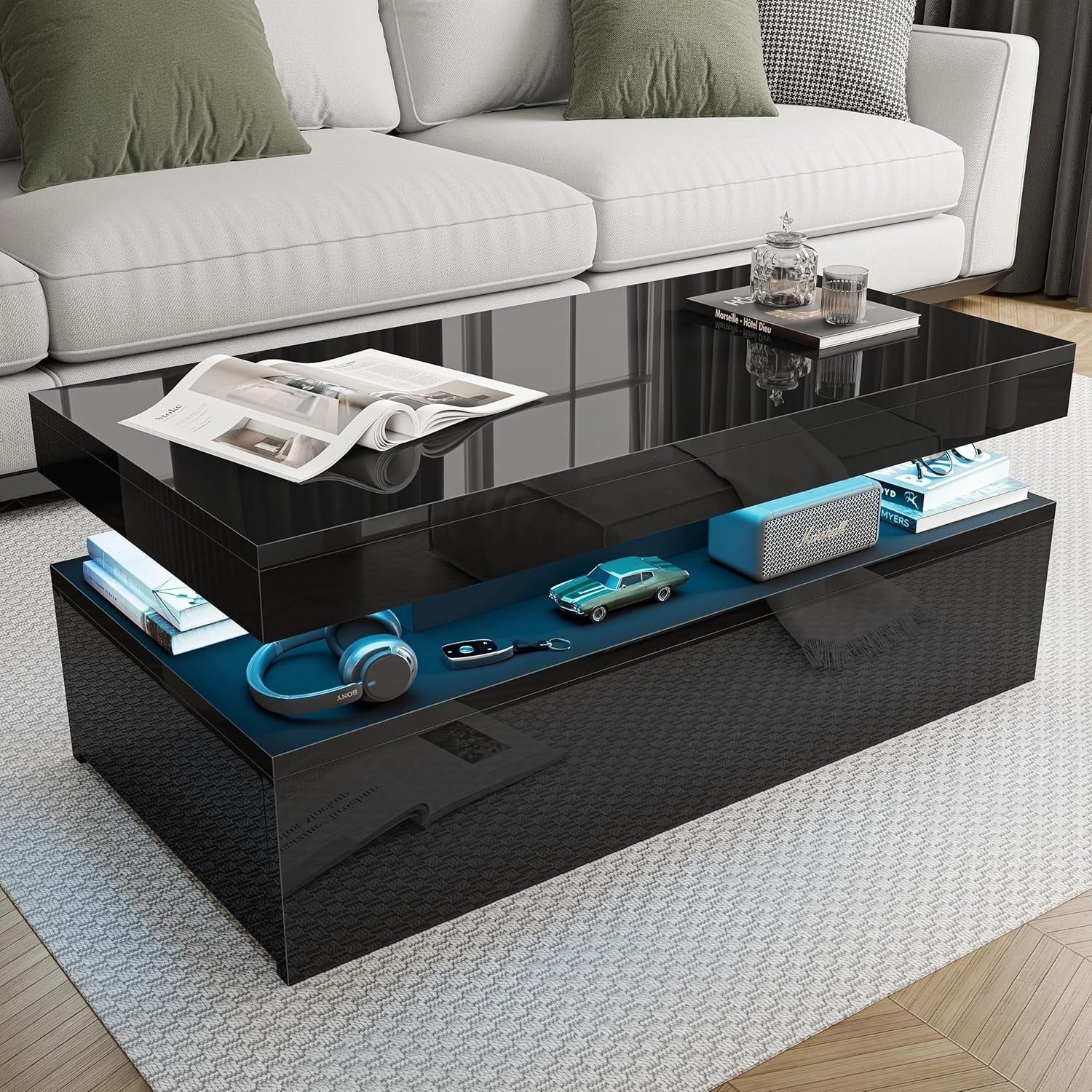 High Gloss Rectangle Coffee Table with 2 Drawers & RGB LED Lights 94x47x38cm