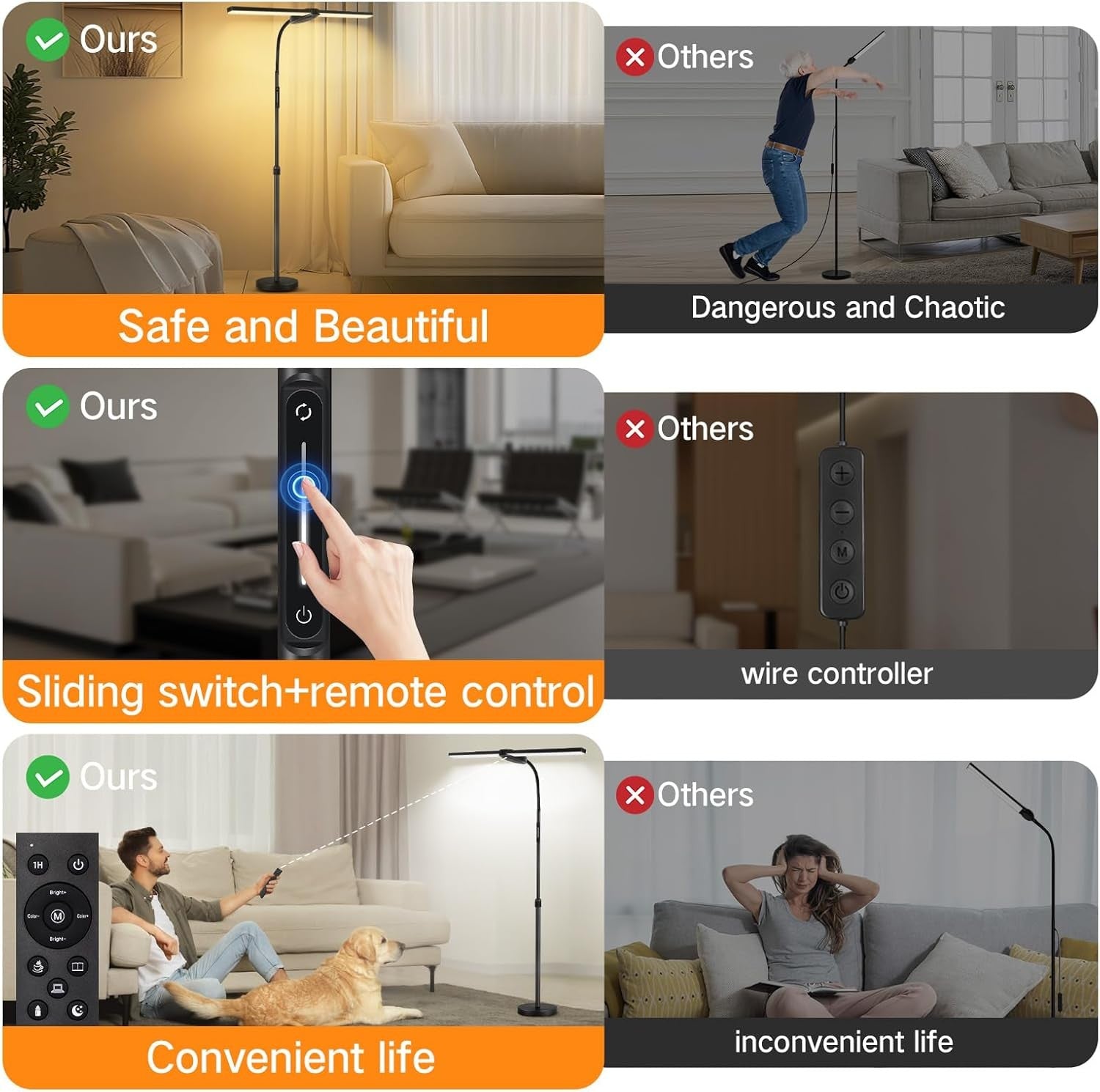 Double Head LED Floor Lamp Dimmable Remote Touch Adjustable Reading Light