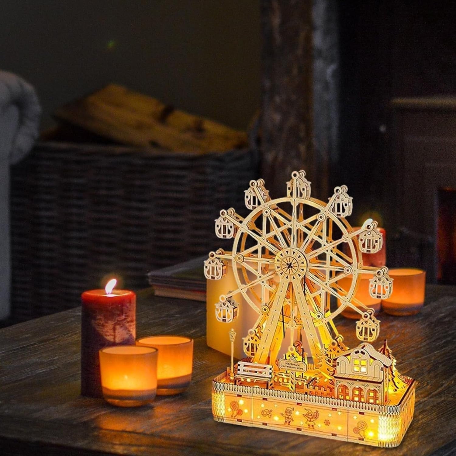 3D Wooden Ferris Wheel Puzzle with LED Lights & Music, DIY Craft Gift