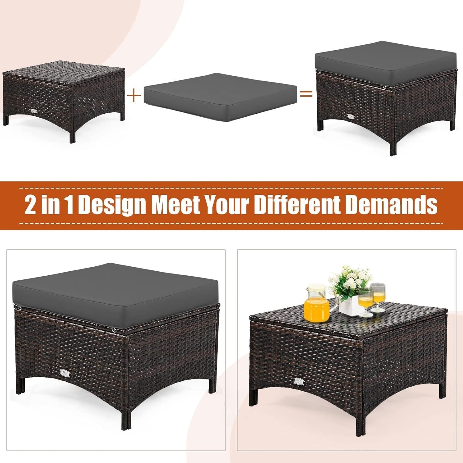 5-Piece Outdoor Rattan Patio Set with Loveseat, Sofas & Ottomans Grey