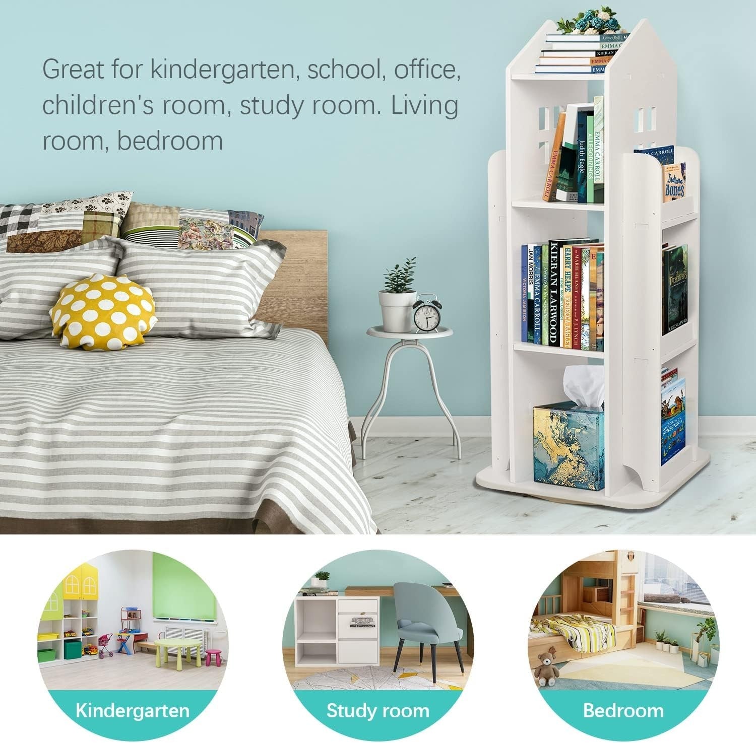 360° Rotating 3-Tier Kids Bookshelf Swivel Storage Rack for Bedroom Office