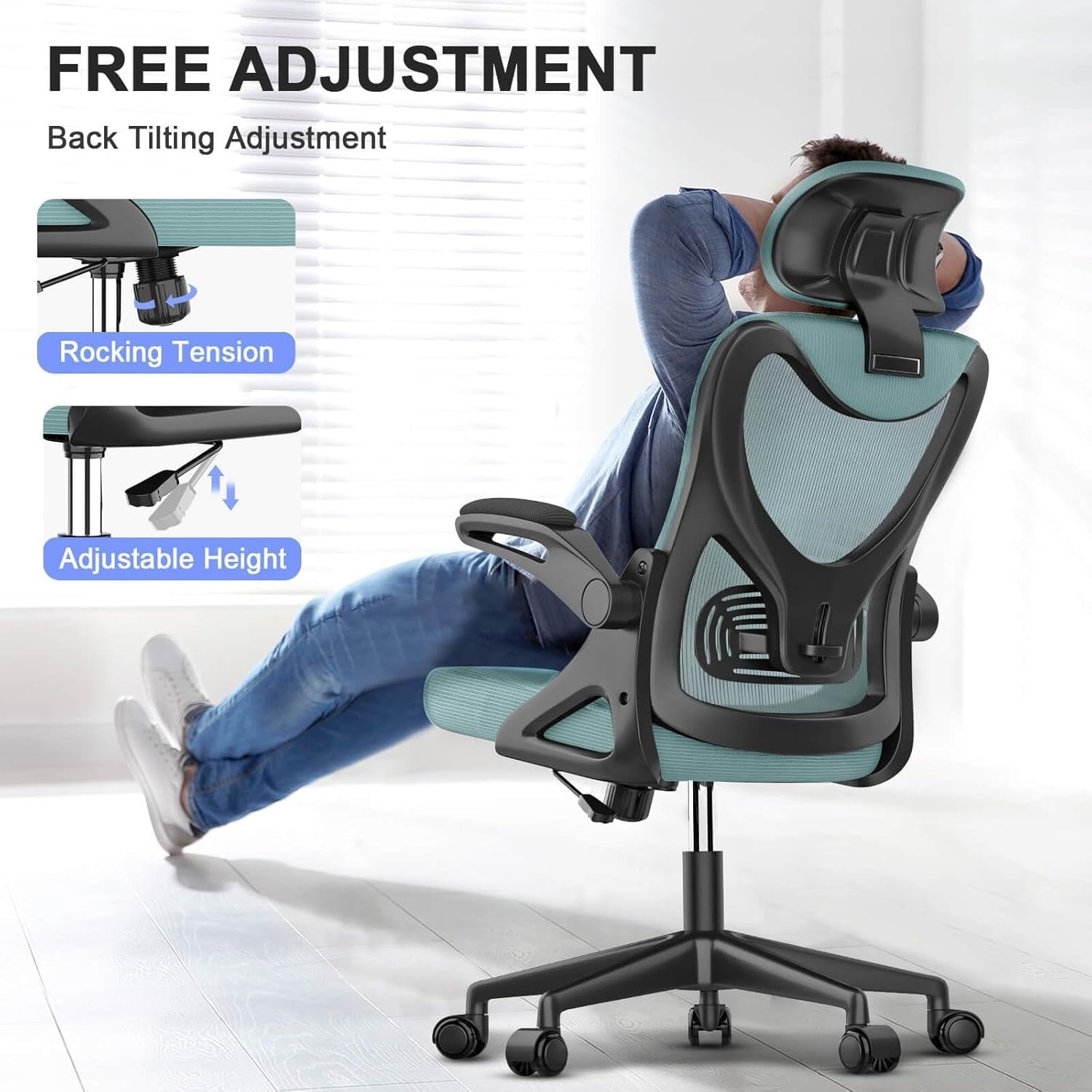 Pink Ergonomic Office Chair Mesh High Back Lumbar Support Flip-Up Arms Headrest