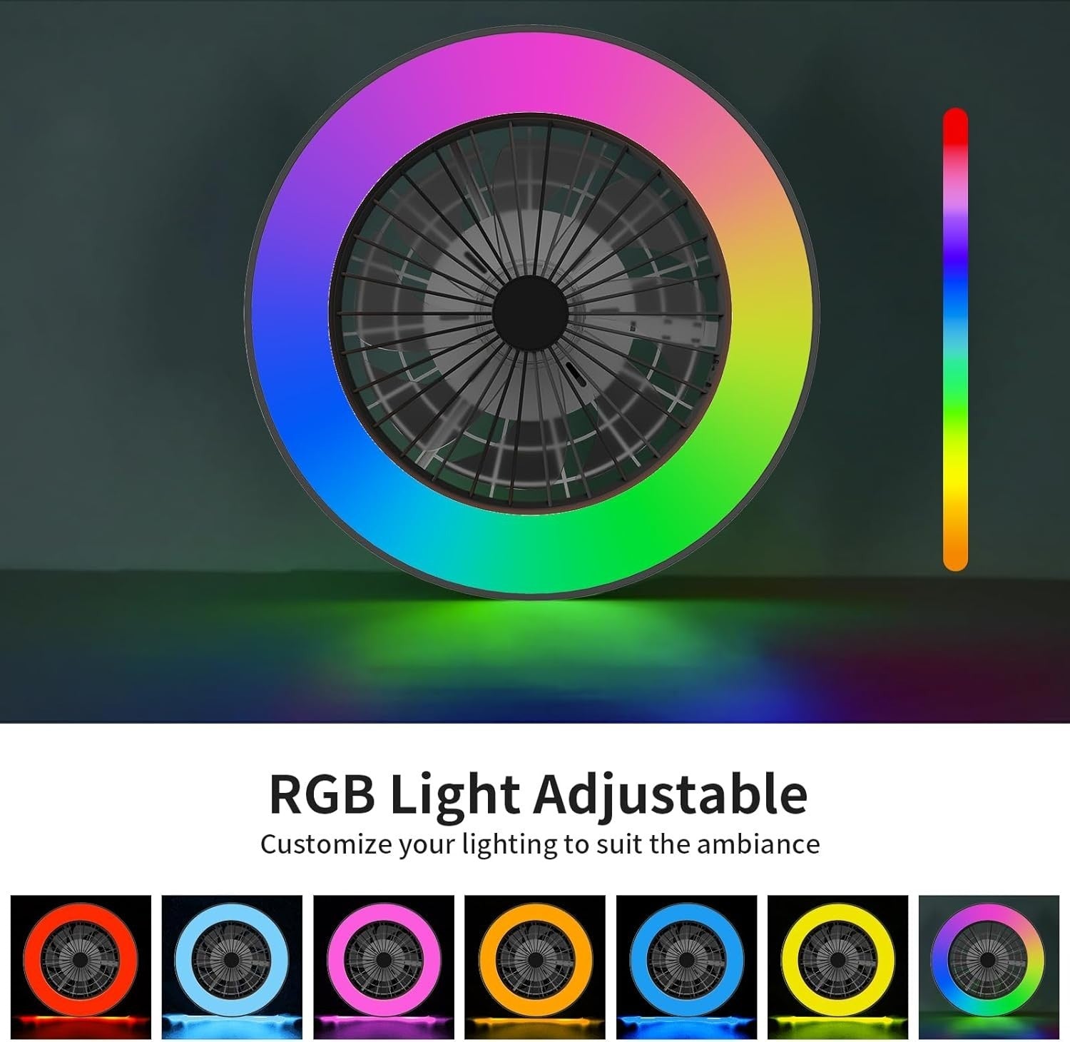 50CM LED Ceiling Fan Light, RGB, 6 Speeds, Dimmable, Remote, Black