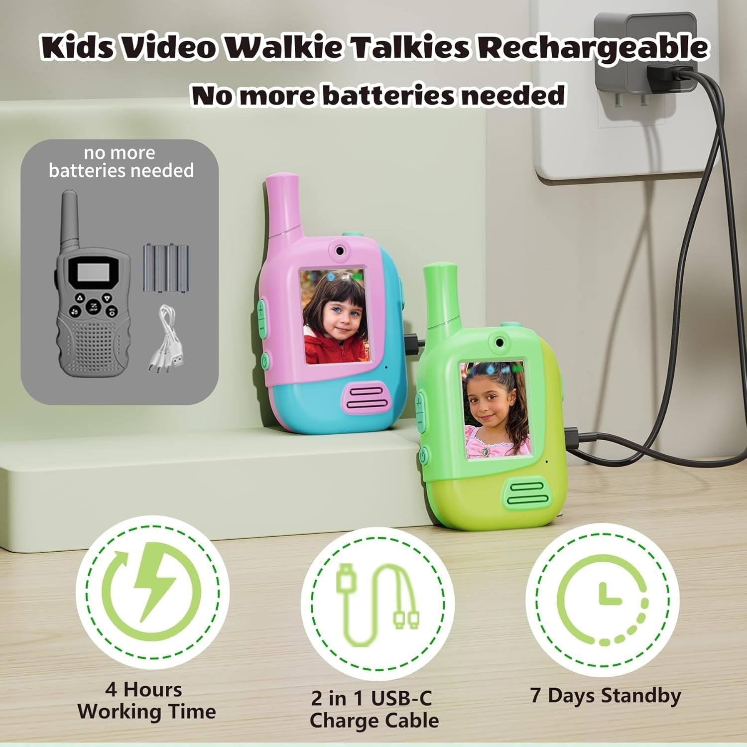 Kids Video Walkie Talkies 2 Pack Rechargeable 300M Range Voice Changer