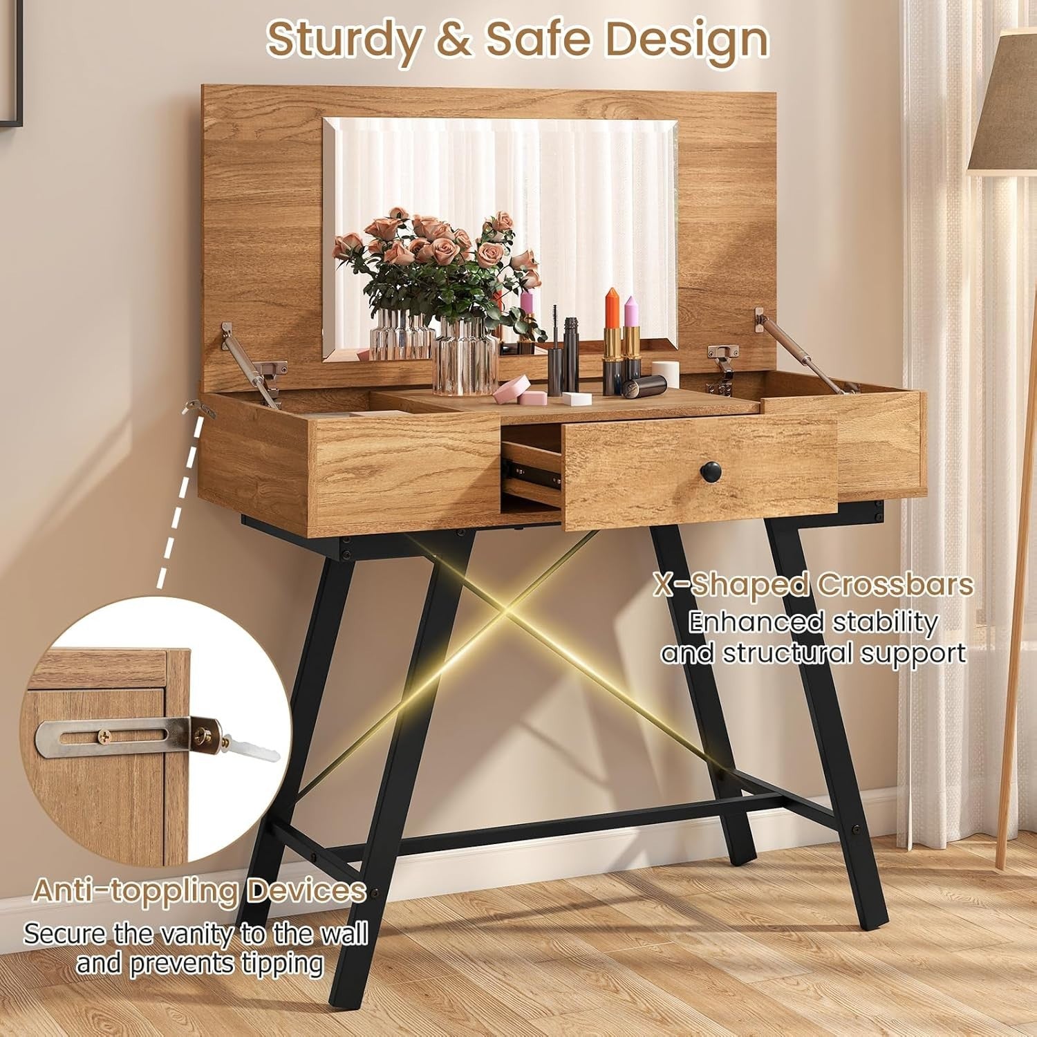 Flip Top Vanity Table Desk w/Mirror & Charging Station Rustic Wood Black