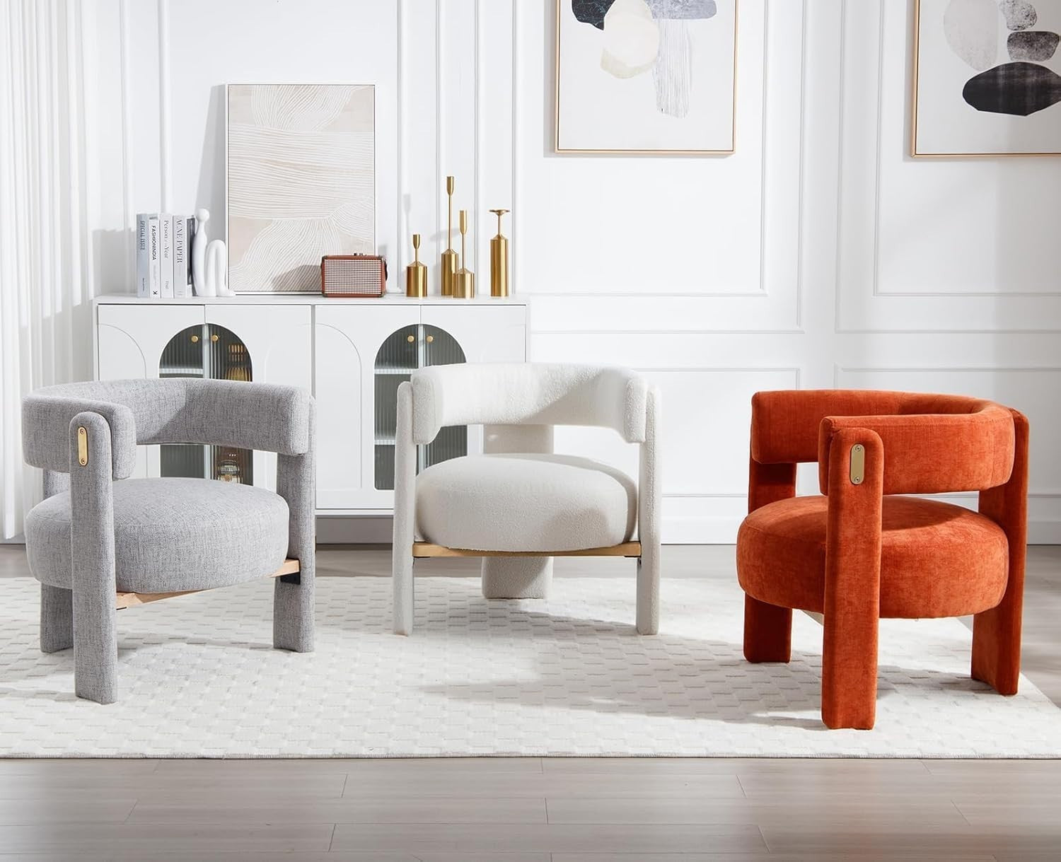 Grey Linen Accent Armchair – Semi-Circular Modern Lounge Chair for Living Room