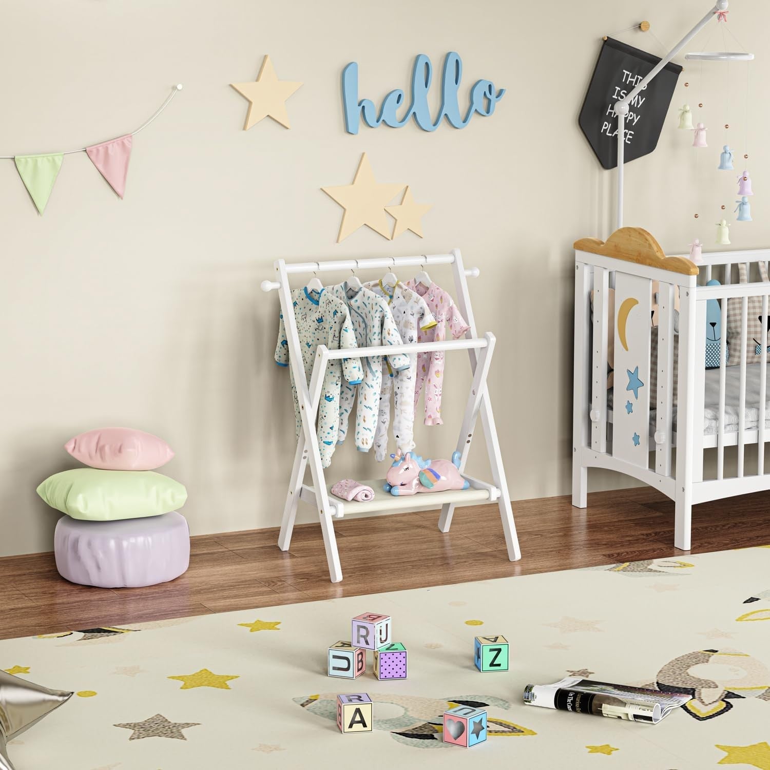 Baby Clothes Rack with Shelf, Double Rods, Bamboo White