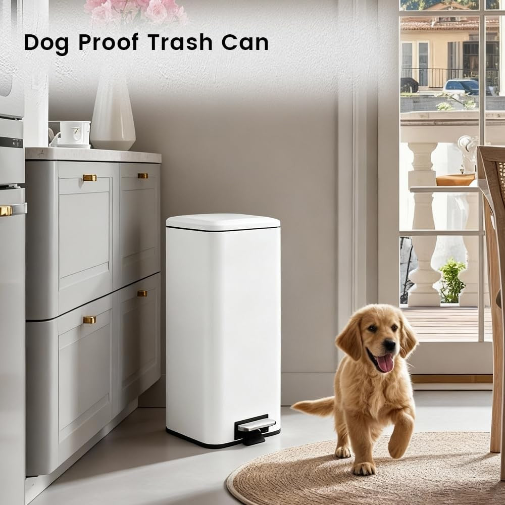 30L Kitchen Pedal Bin Soft Close Square White Stainless Steel