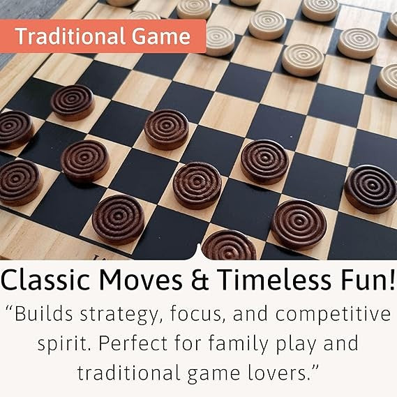 12" Wooden Draughts Board Game | Classic Checkers Set for Kids & Adults | Luxury