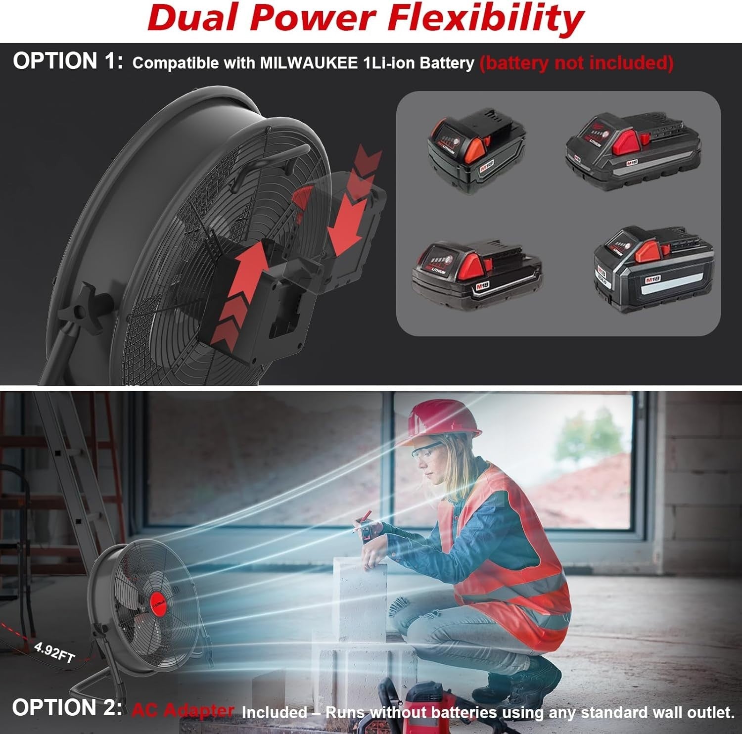 12" Cordless Floor Fan – 18V Battery Powered Portable Industrial Cooling Garage