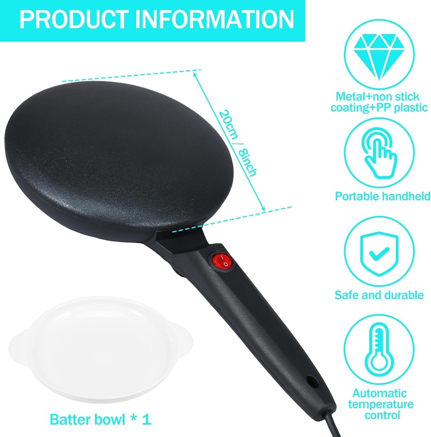 Electric Handheld Crepe Maker 8'' Non-Stick Instant Pancake Maker with Bowl