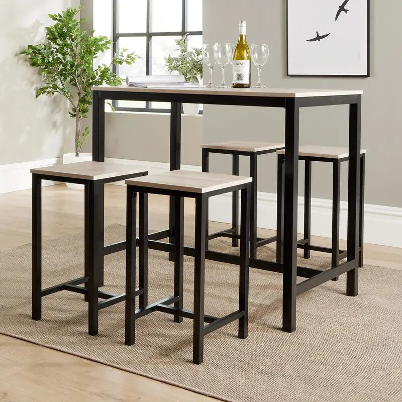 5 Piece Industrial Dining Table Set Oak MDF Top with 4 Stools Space Saving