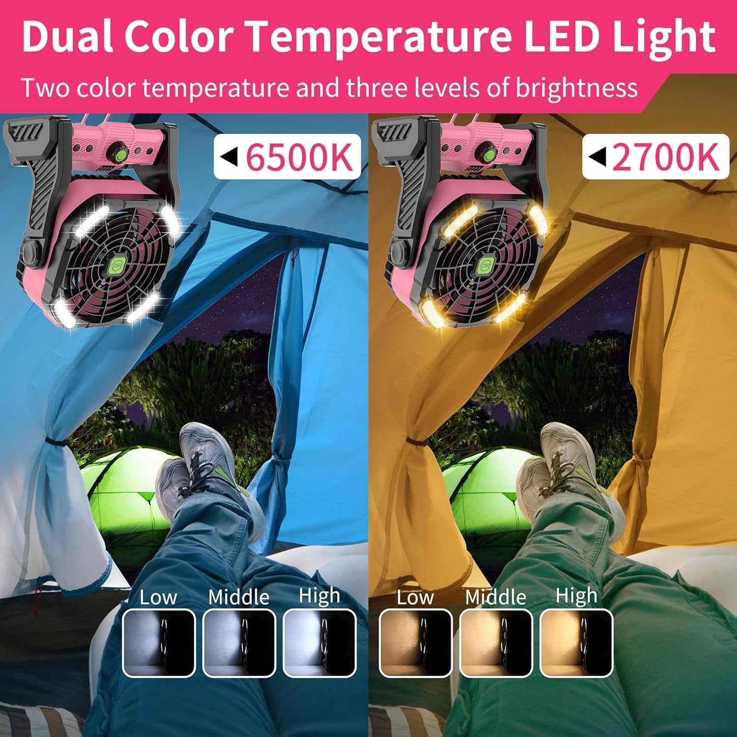 20000mAh Pink Camping Fan – Rechargeable 4-Speed Fan w/ LED Light & 270° Tilt