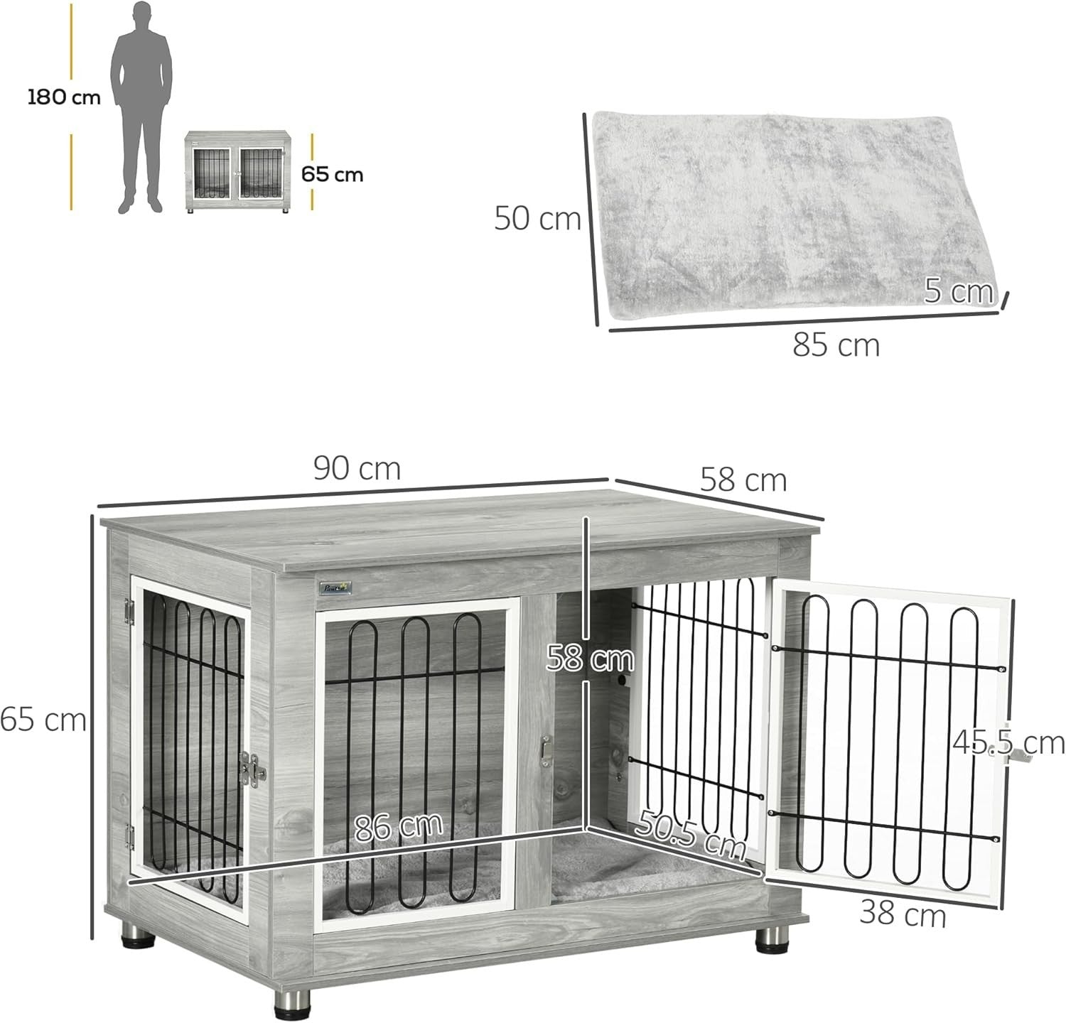 Indoor Dog Crate Furniture with Cushion | Side Table Style, Double Doors, 90cm