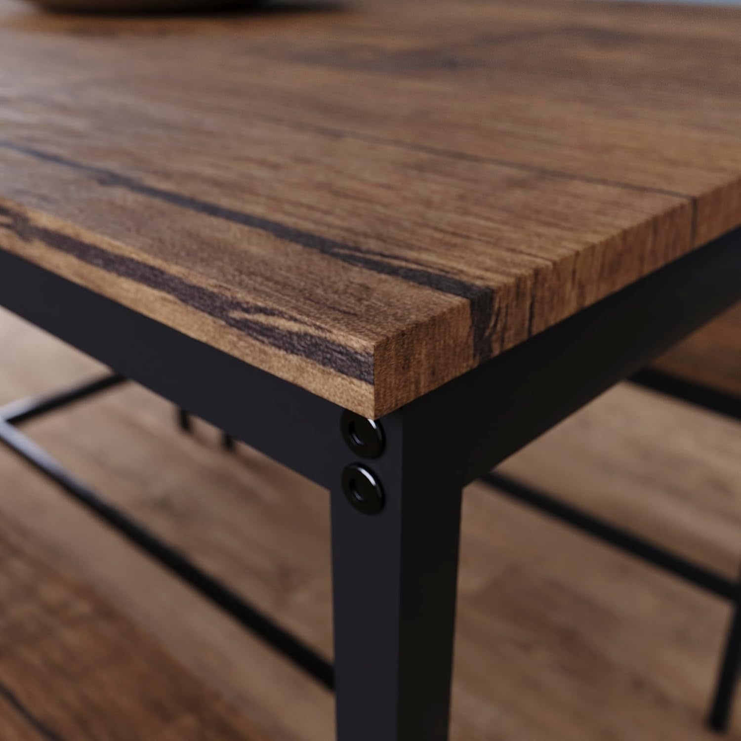 4 Seater Dining Table & Benches Set - Dark Wood Top, Metal Frame Compact
