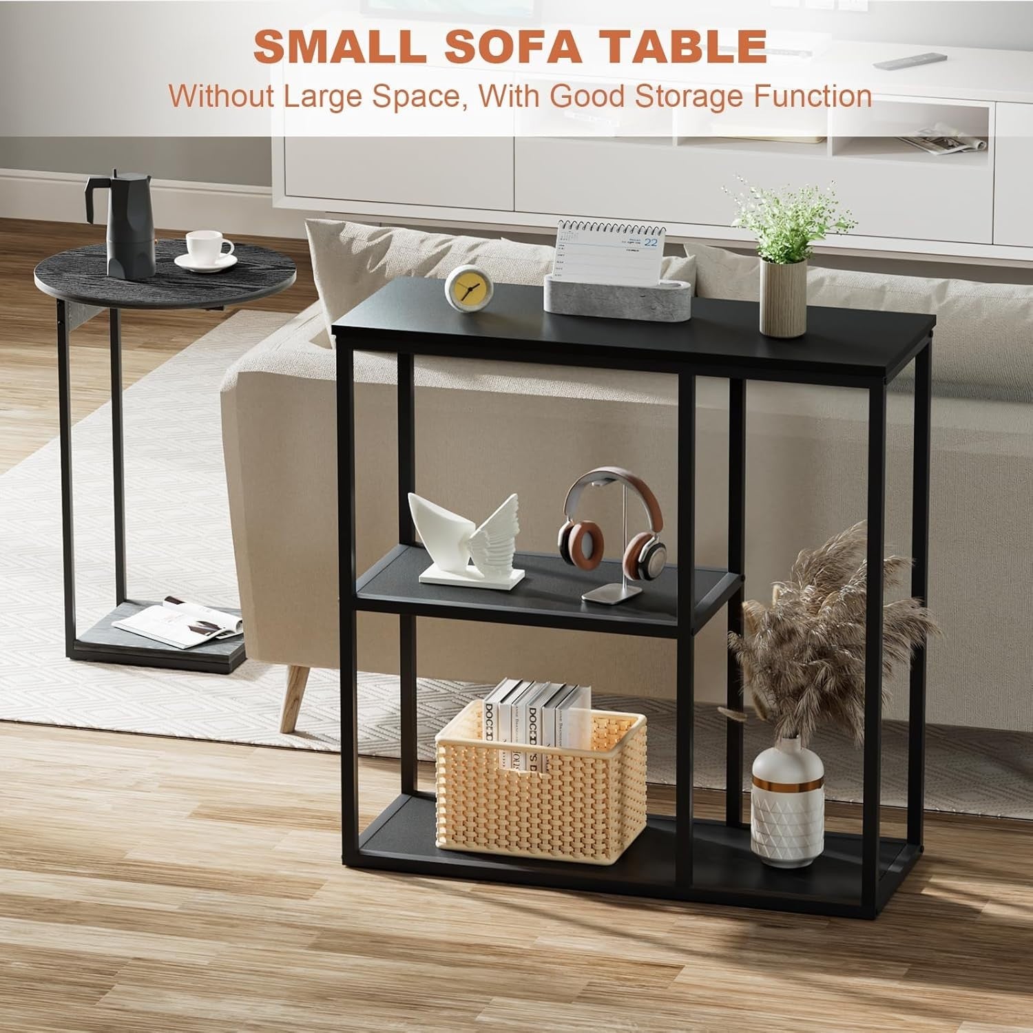Compact Industrial 3-Tier Console Table with Storage Shelves – Black 80x30x80cm