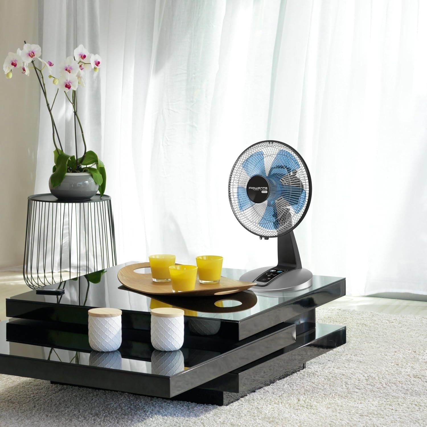 Quiet Turbo Table Fan – 5-Speed Remote Controlled Oscillating Desk Fan Silver