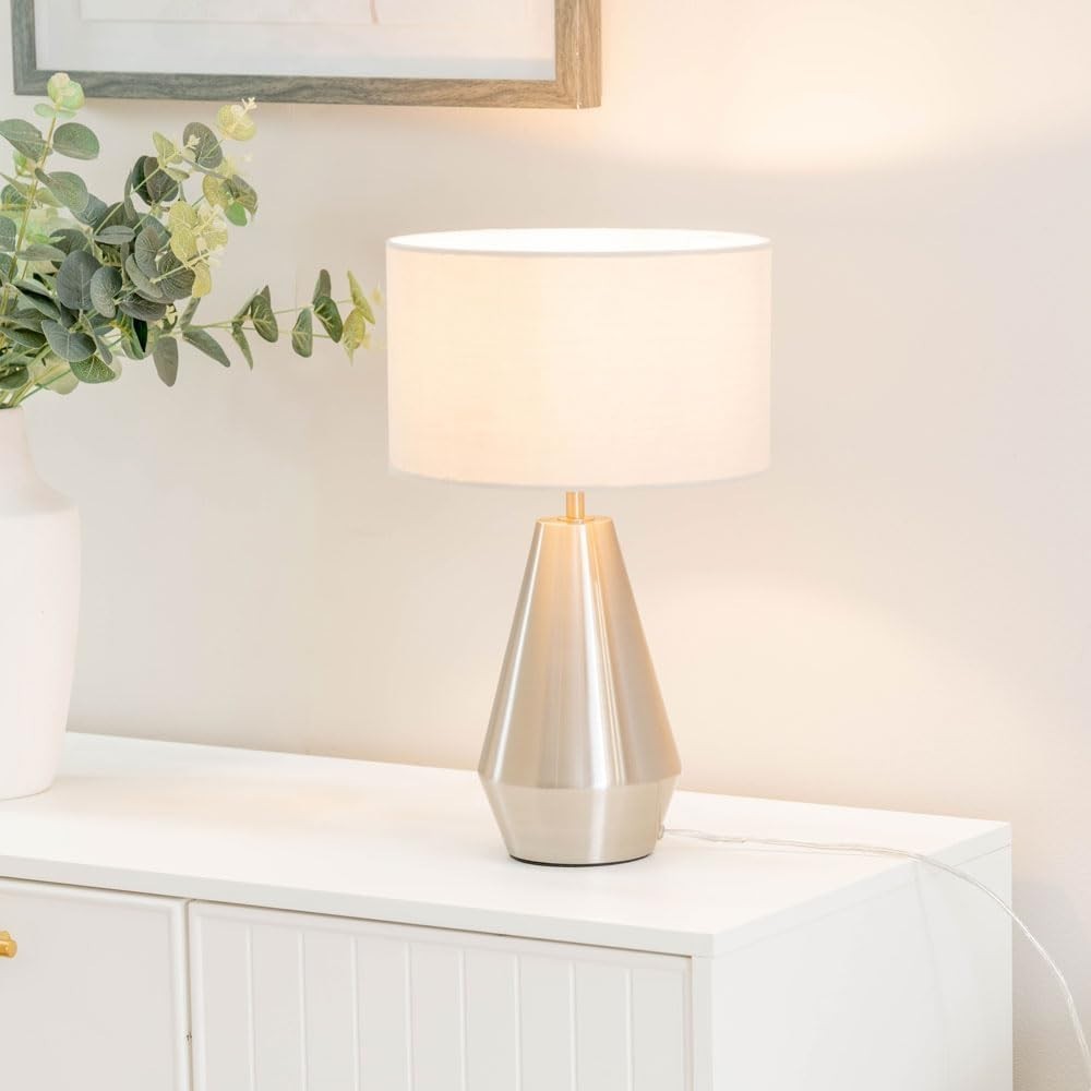 Silver Touch Dimmer Table Lamp Natural Drum Shade Bedside LED Light