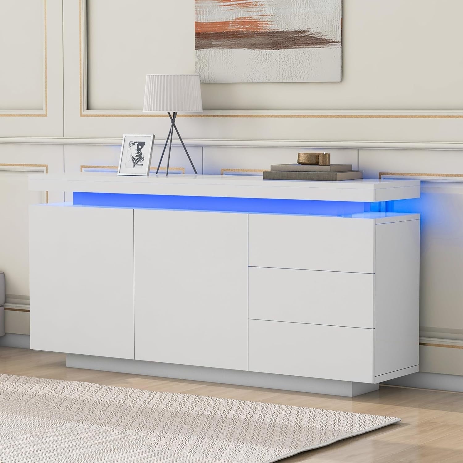 High Gloss White Sideboard Cabinet with 2 Doors, 3 Drawers & LED Lights