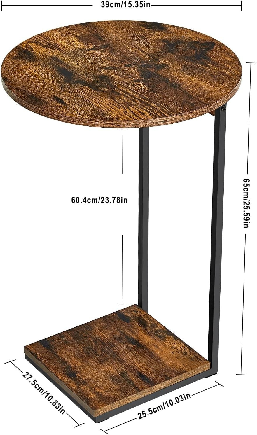 Slim C-Shaped Side Table with Storage Shelf – Industrial Rustic Steel Frame