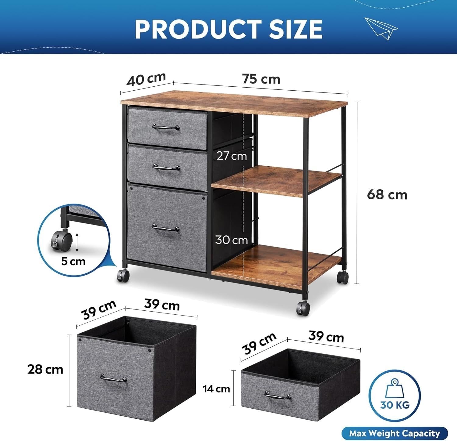 Grey Mobile File Cabinet 3 Drawer 75cm Printer Stand Storage
