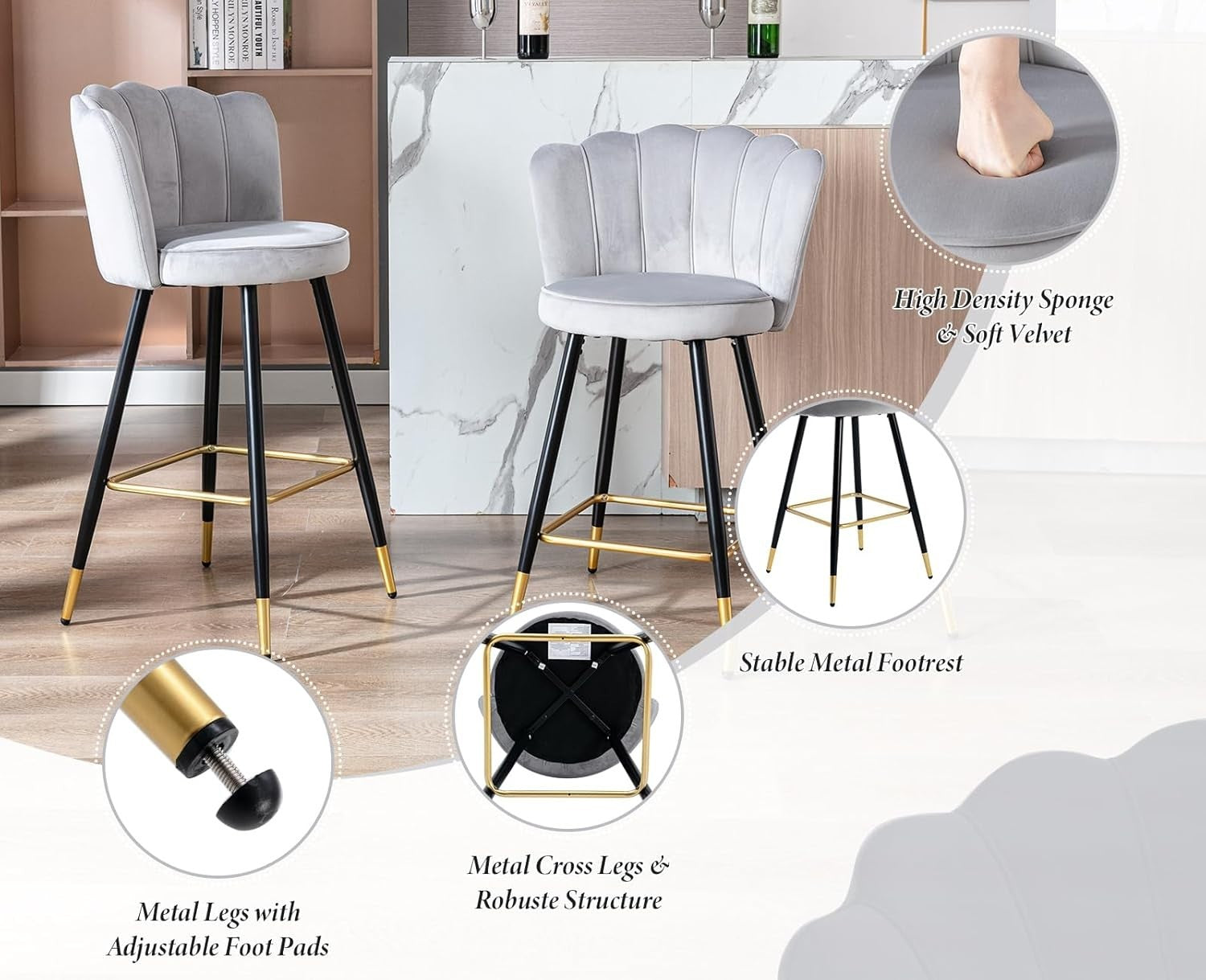 Gray Velvet Bar Stools Set of 2 – Kitchen Counter Chairs