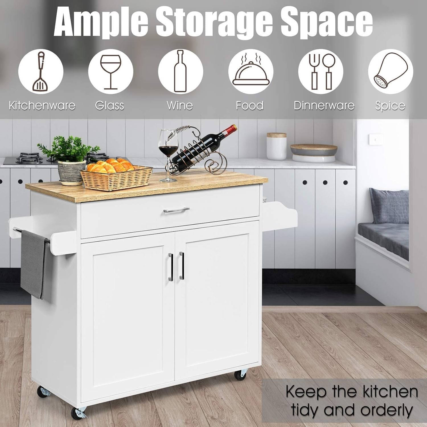 Kitchen Island Cart with Drawer, Adjustable Shelf & Towel Rack,White 40x116x85cm