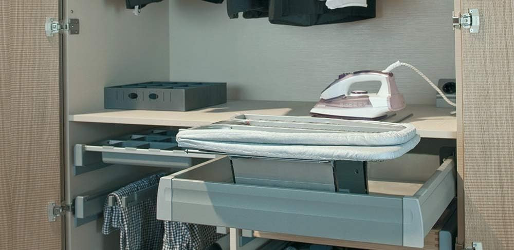 Drawer Mounted Folding Ironing Board Pull Out Table Grey Striped Cover